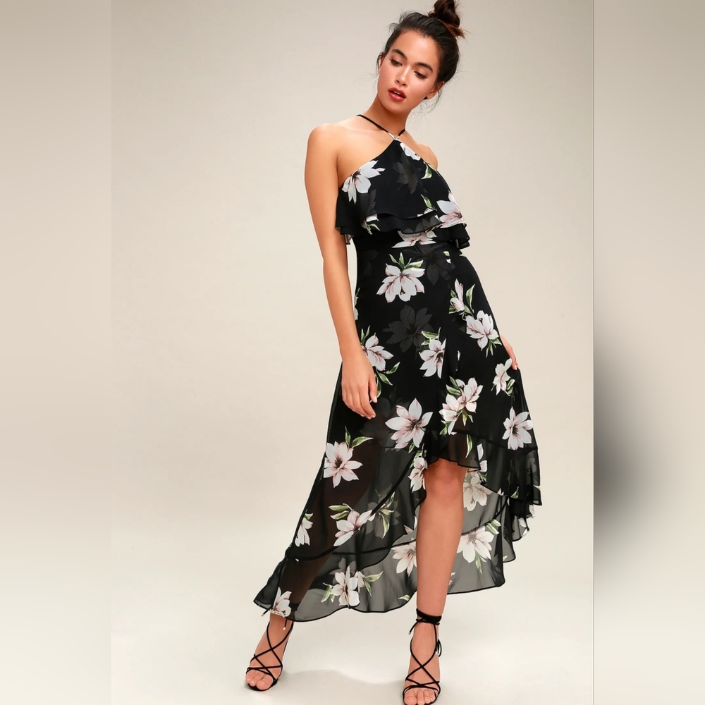 Lulus Sheer Halter Floral Ruffled High Low Midi Dress